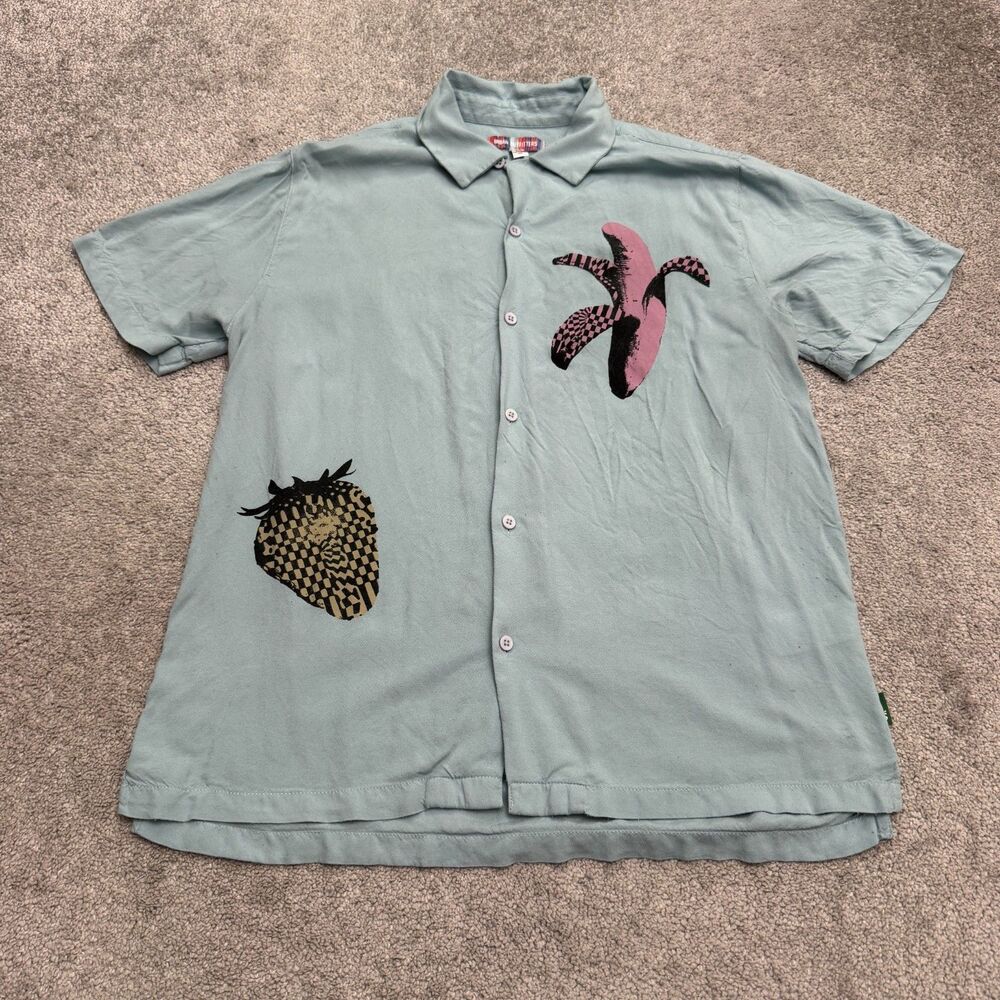 Urban Outfitters Fruit Graphic Camp Button Down Shirt Mens Medium Light Blue Top